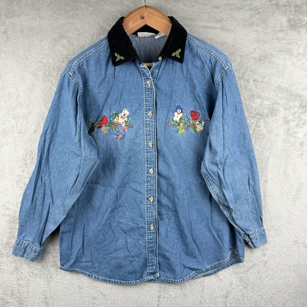 Basic Editions Christmas Denim Shirt Womens L Embroidery Velvet Collar Holiday